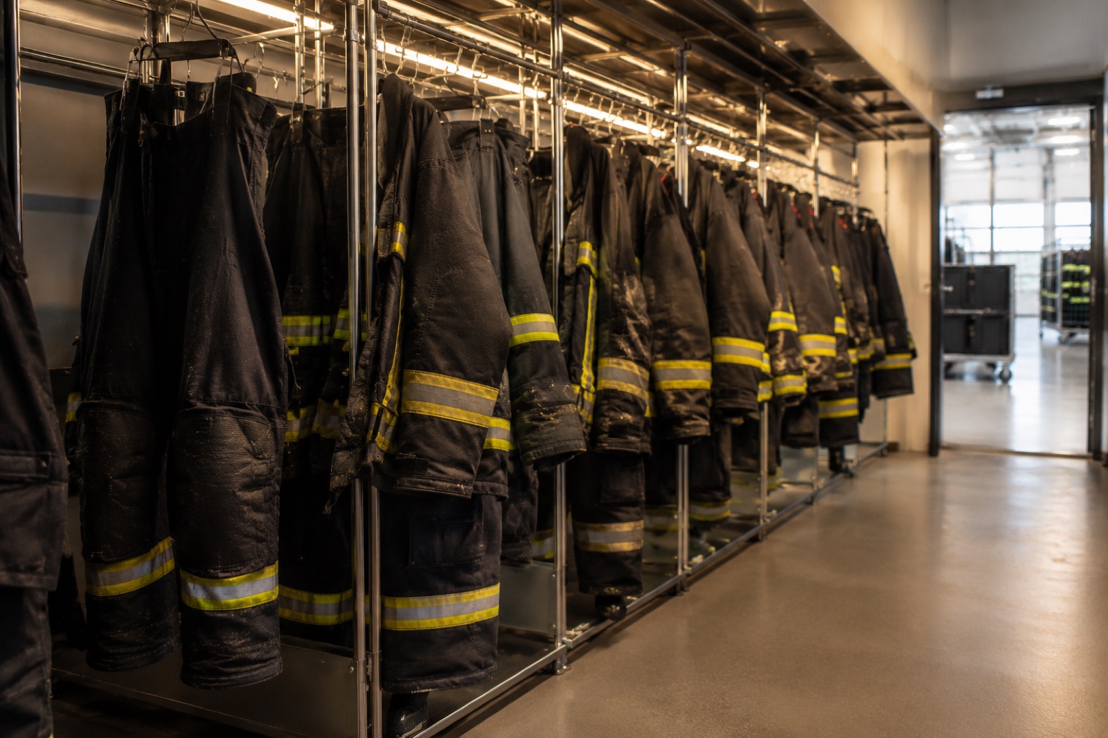 Gereinigte und geprüfte Feuerwehrschutzkleidung im Trockenschrank, sortiert und einsatzbereit