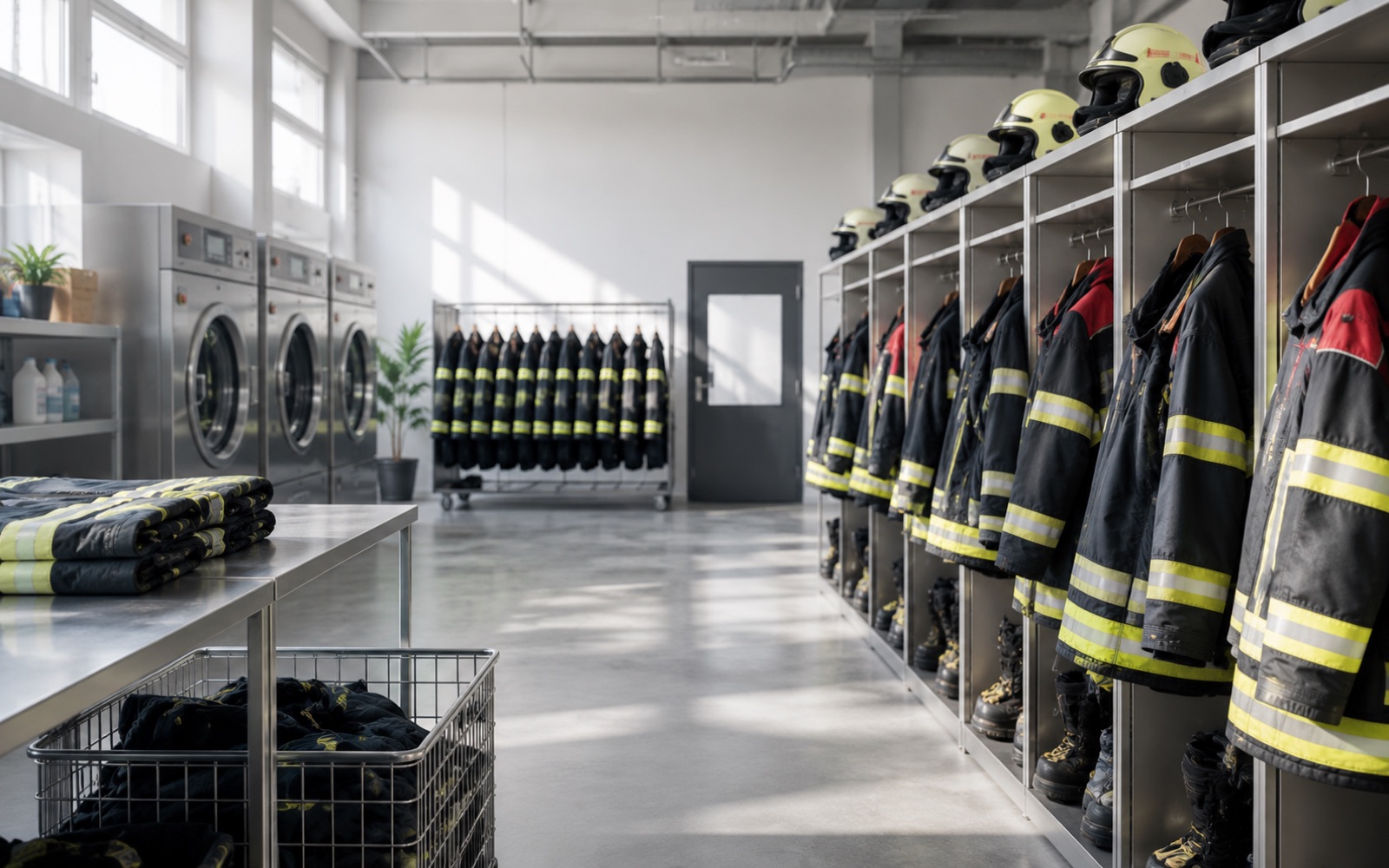 Feuerwehrschutzkleidung und Helme zur Sicht- und Funktionsprüfung in der 112Wäscherei